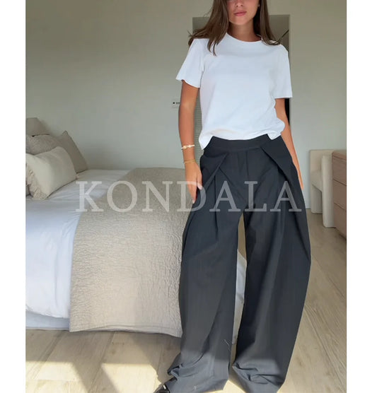 KONDALA Commute High Street Wide-Leg Pants Women's Elegant Vertical Pleated Trousers 2025 Spring Fall Fashion Office Lady Pants