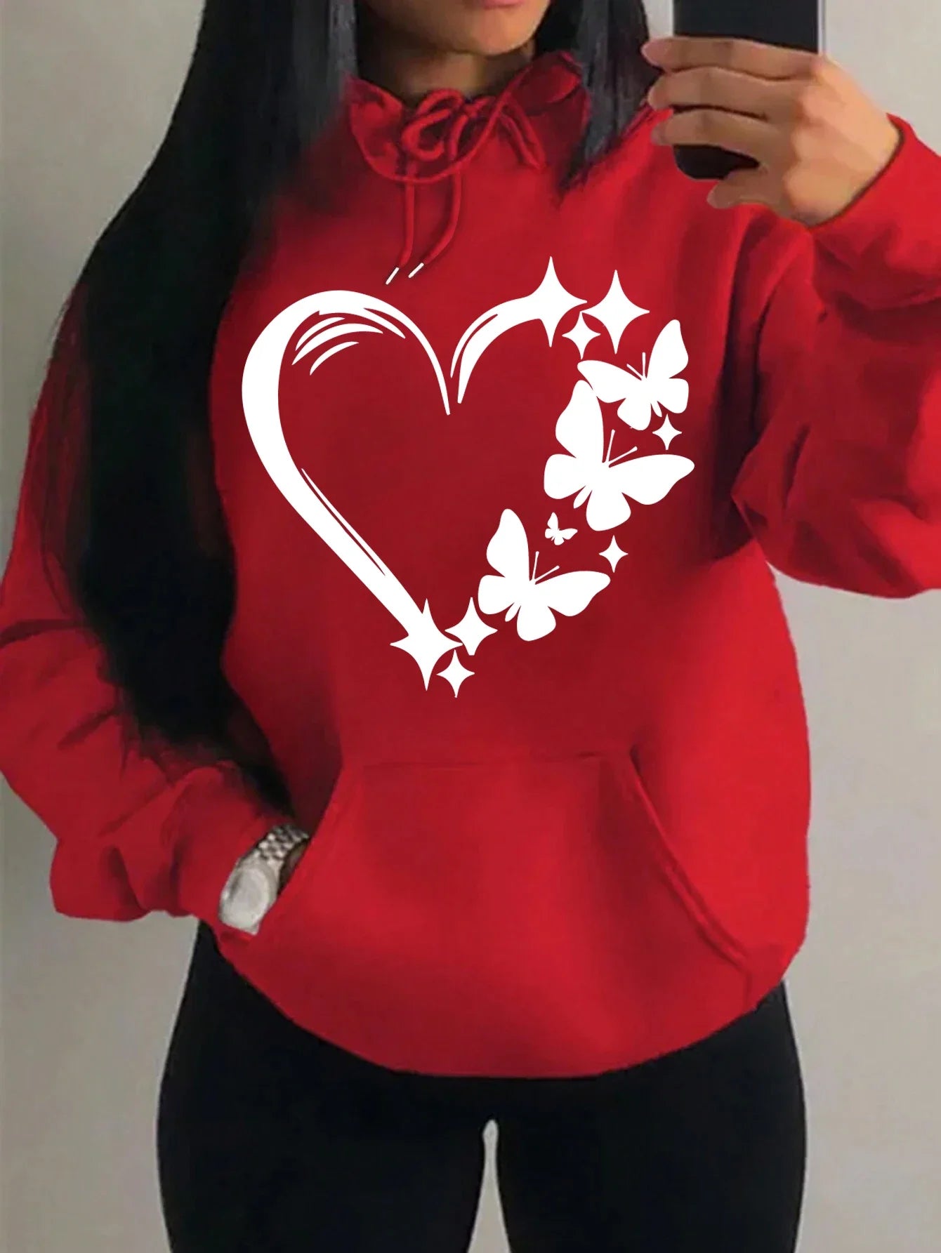 Women's Love and Butterfly Pattern Hoodie Hip Hop Street Fashion Pocket Clothes Retro Multi Color Hoodie