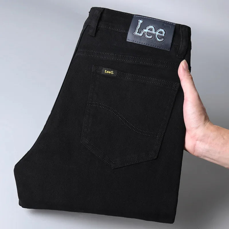 Lee Dex Authentic Jeans Men's Loose Fit Black Straight Leg Pants Casual Business Wear Trousers For Fall/winter Thick Elastic