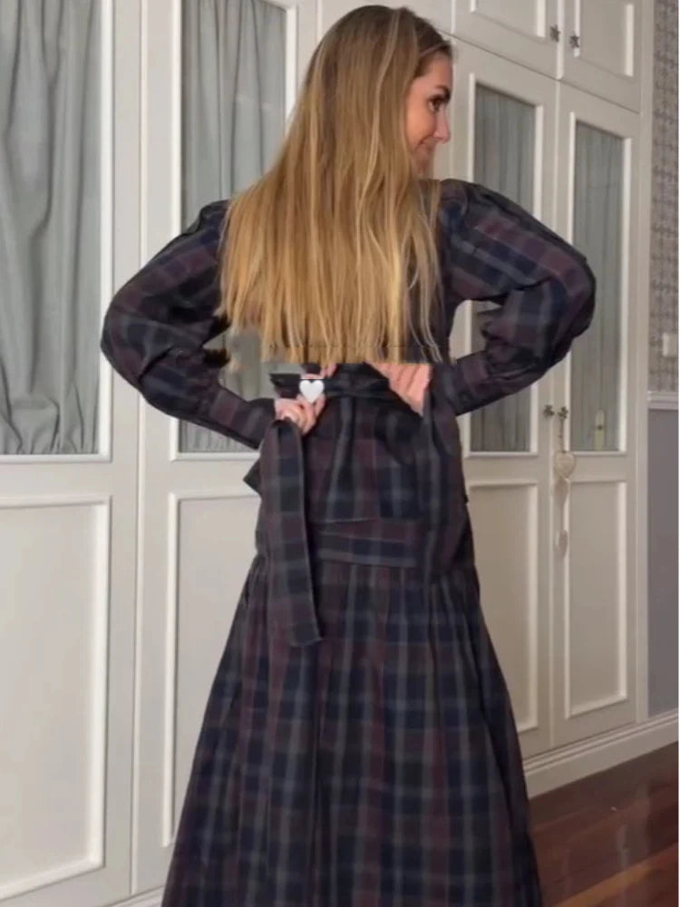 Casual Lace Up Pleated Checkered Suit Women Elegant Long Lantern Sleeves Slim fit Set 2025 Autumn Office Lady Commute outfits