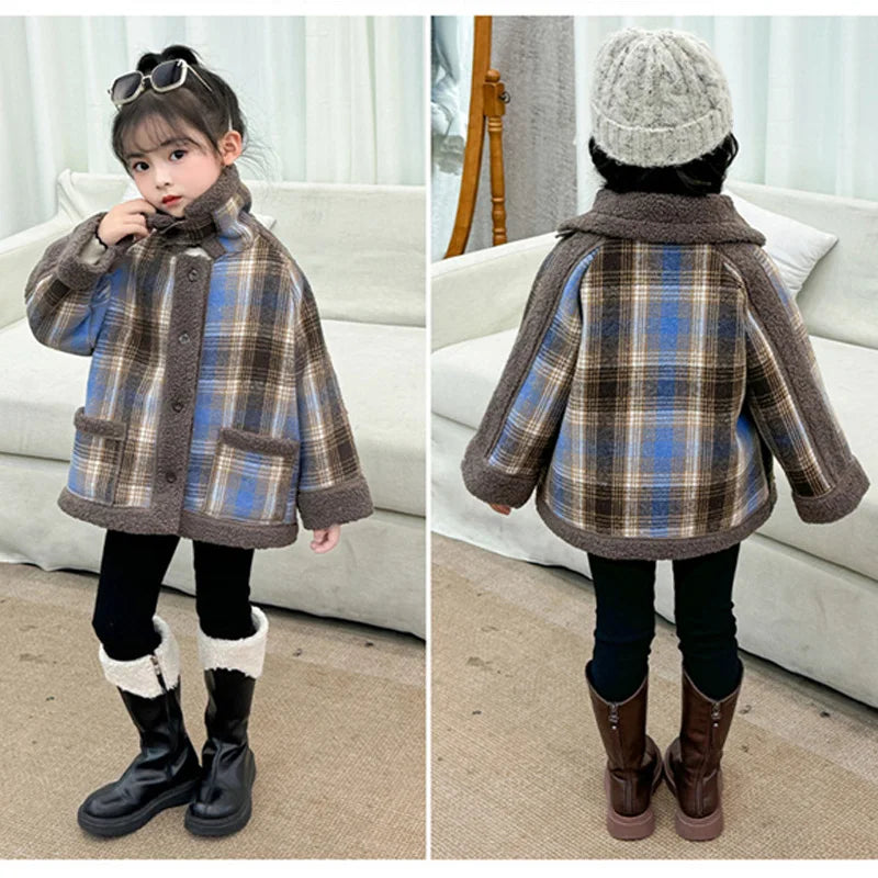 Plush Velvet Girls Jackets Plaid Kids Thickened Winter Coats Lamb Fur Turn-down Collar Outerwear Children Fleece-lined Clothes