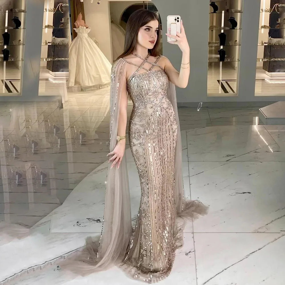 Arabic Luxury Dubai Mermaid Blue Cape Sleeves Beaded Evening Dresses Gowns 2025 For Party LA71905a Customized