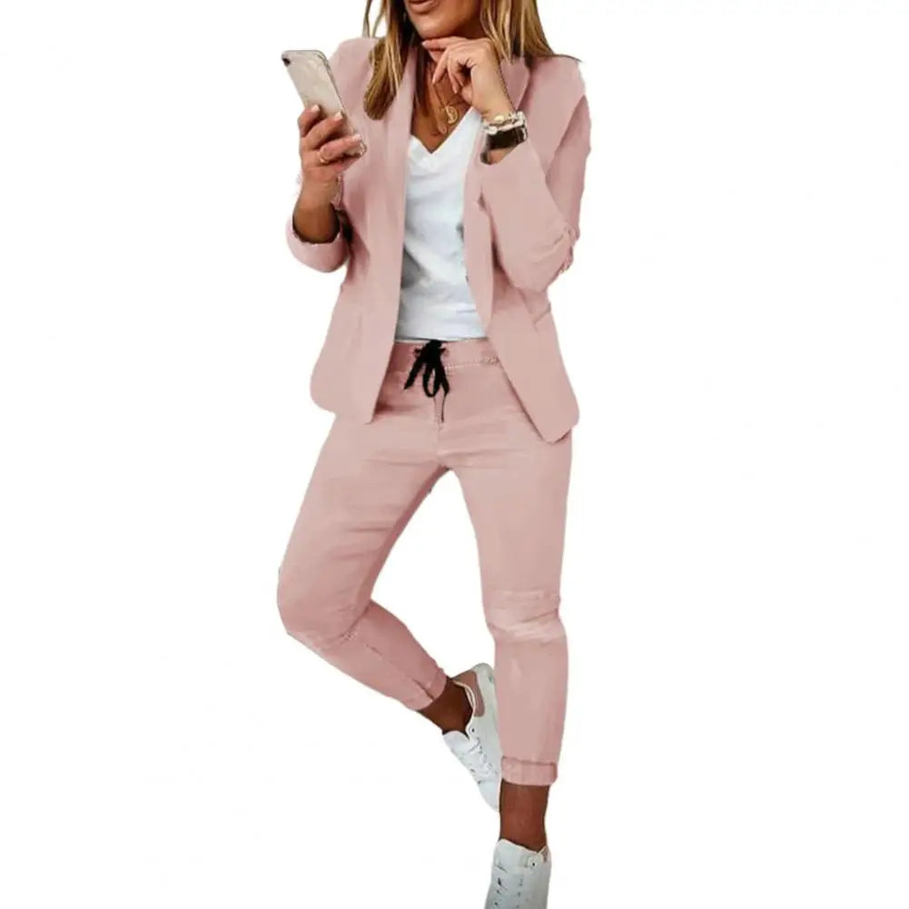 Women Coat Pants Set Elegant Women's Business Suit Set with Long Sleeves Slim Fit Pants Solid Color Drawstring for Ladies