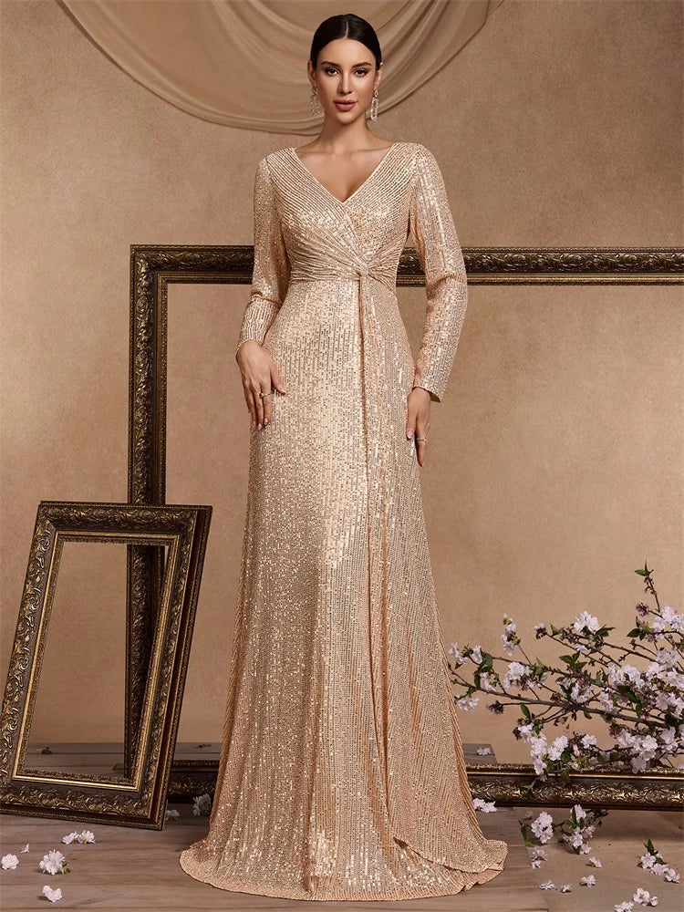 XUIBOL Luxury Long Sleeve V-Neck Evening Dress 2024 Women Wedding Party Sequins For Female Guests Red Prom Cocktail Dresses