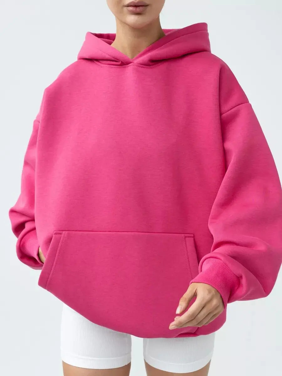 Women's Loose Hooded Sweatshirt Dropped Shoulder Sleeves Big Pockets High Street Fashion Top 14 Colors Pullover for Female