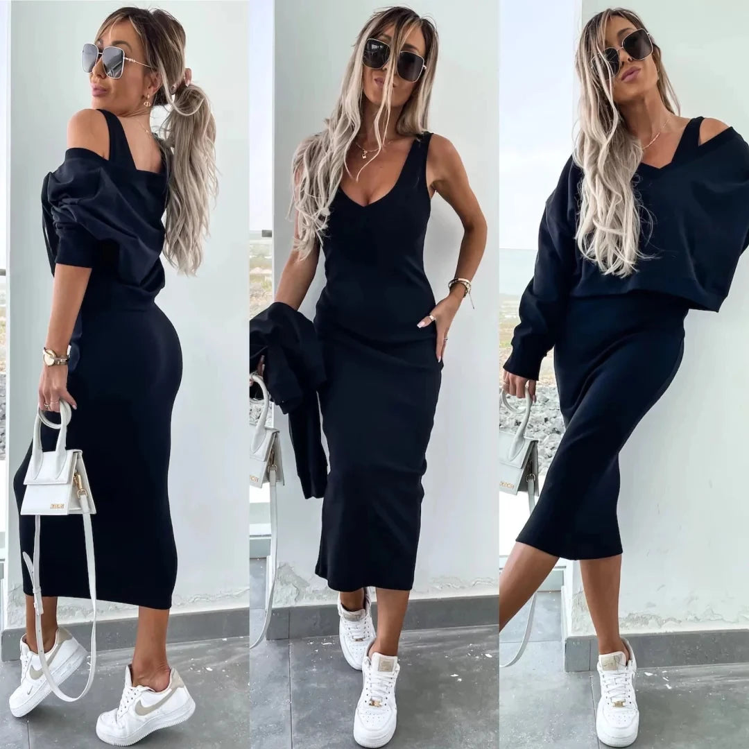Women's casual suit Solid color long-sleeved pullover loose hoodie with slim-fit dress Daily four seasons wear two-piece set