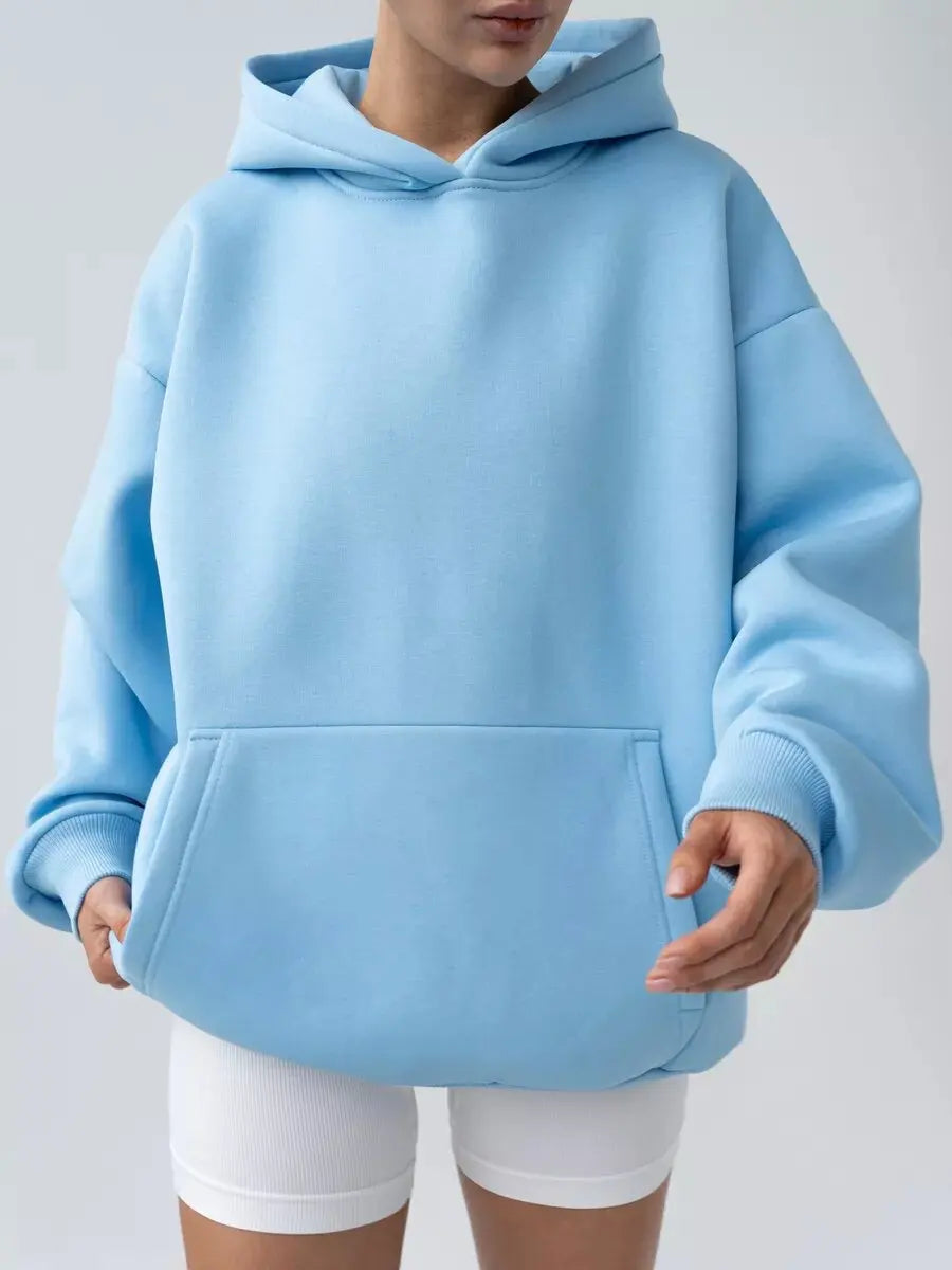 Women's Loose Hooded Sweatshirt Dropped Shoulder Sleeves Big Pockets High Street Fashion Top 14 Colors Pullover for Female