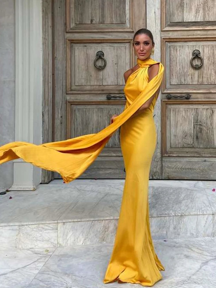 Sexy Satin Ribbon Party Dress Women Elegant Halter Backless Off Shoulder Sleeveless Female Dresses 2024 Summer Solid Robe Gown