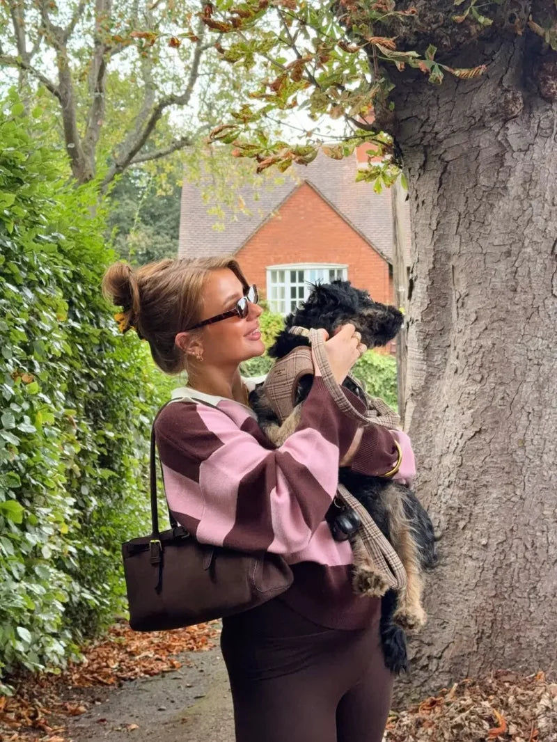 ETJ 2025 Autumn women's new line street style fashion yellow wide stripe polo neck loose version of long-sleeved sweater