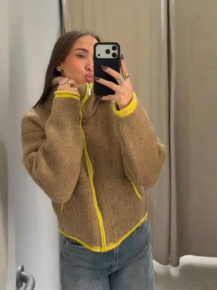 Color Blocking Knit Jacket Lady Long Sleeve Loose Zipper Pocket Casual Coat Chic Fashion Street Women's New Early Autumn Jackets