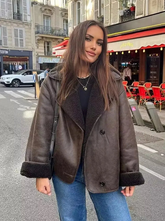 HH Faux Leather Jackets For Women Winter Warm Fleece Long Sleeve Lapel Coat Fashion Female Vintage Oversized Outerwear