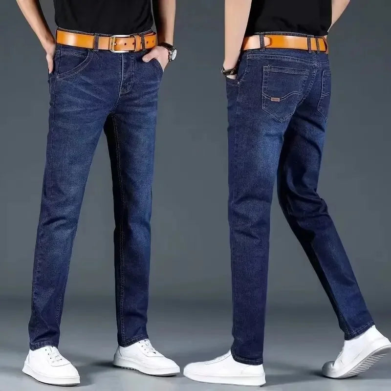 Men's Fleece Lined Loose Straight Leg Jeans Winter Business Casual Trousers for Construction Work Cross-Border Style