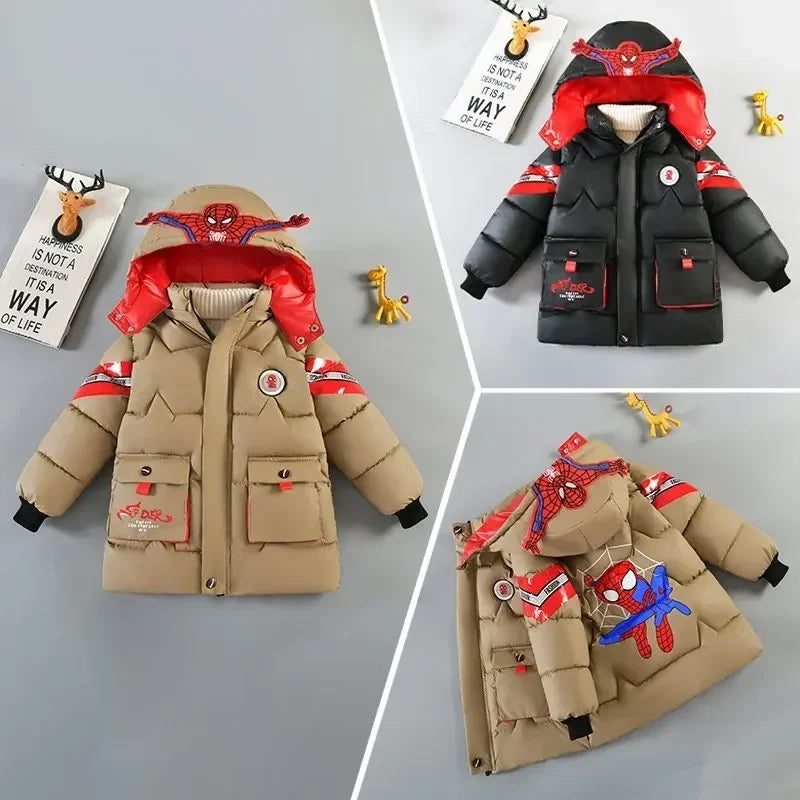 Spiderman Down Jacket 2025 Winter Baby Boy Costume Kids Warm Thicken Cotton-Padded Hooded Coat Parka Children Clothing Outerwear
