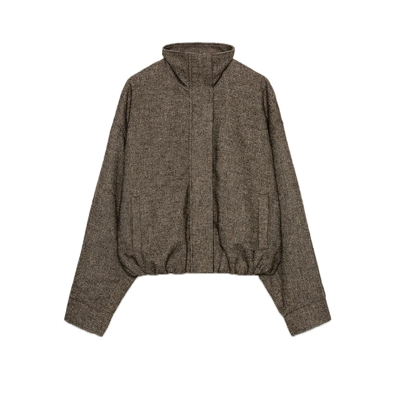 Women's Brown Skirt Jacket Set Stand Collar Bomber Jacket Coat Matching Ruffled Skirts Vintage Casual Outfit Autumn Streetwear