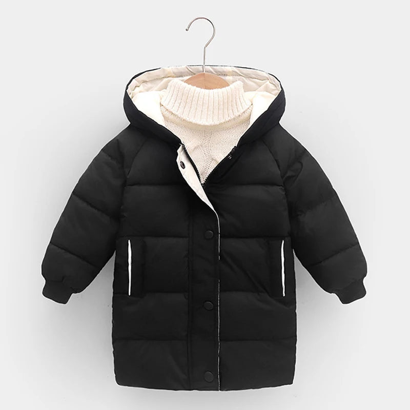 2 3 4 5 6 8 10 Years Girls Jacket Winter Long Style Solid Color Thick Keep Warm Hooded Outerwear For Boys Down Cotton Snowsuit