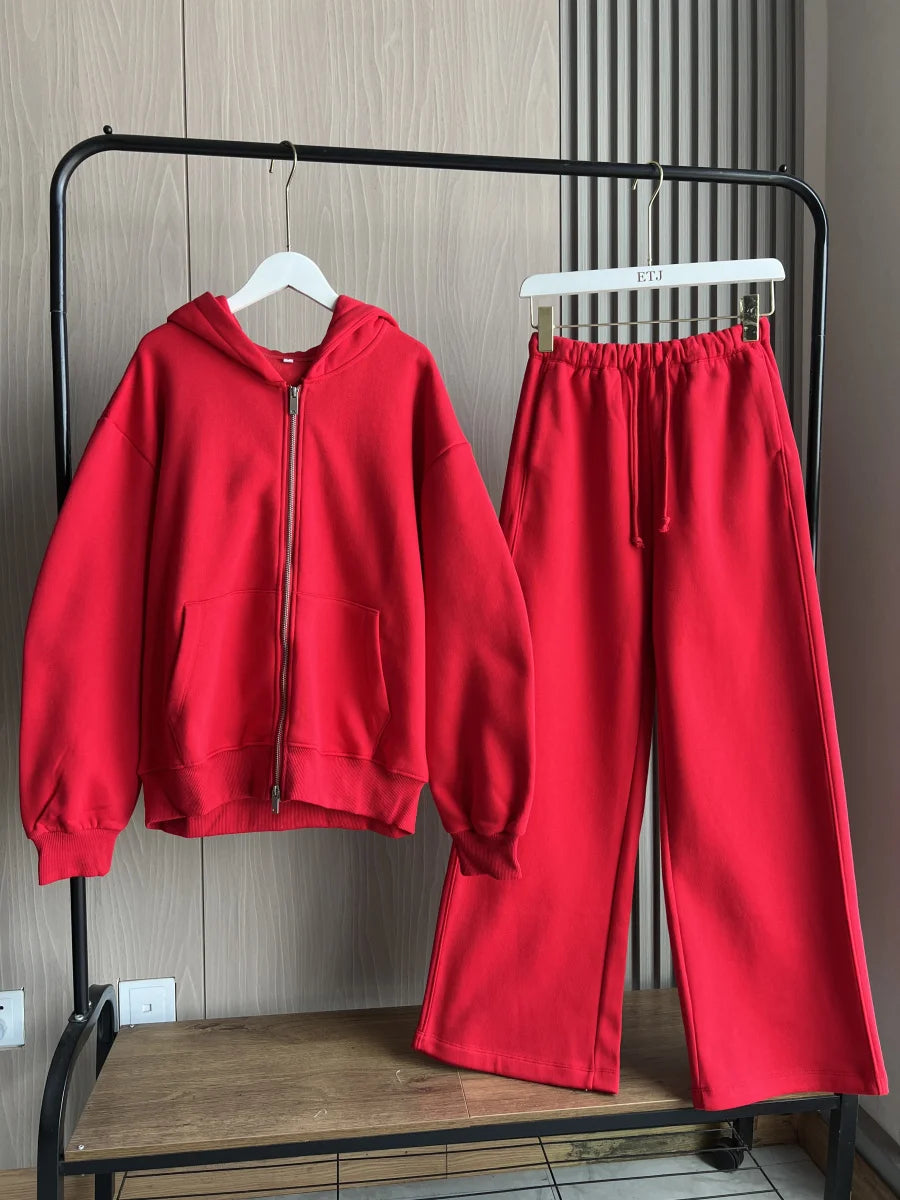 ETJ 2025 Fall/Winter new  women's casual sports oversized zipper hoodie wide leg mop sweatpants set 4174842