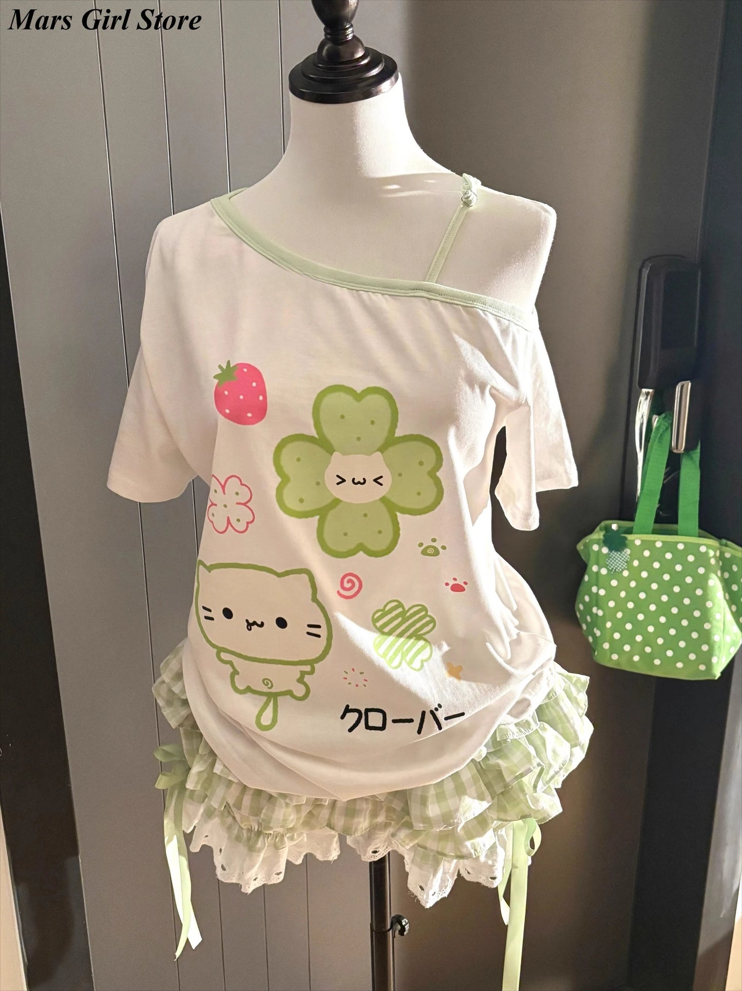 Japanese Kawaii Off Shoulder Tops+Plaid Skirt Set Women Cute Clover Print Tee and Lace Trim Mini Skirt Soft Girl Summer Outfit
