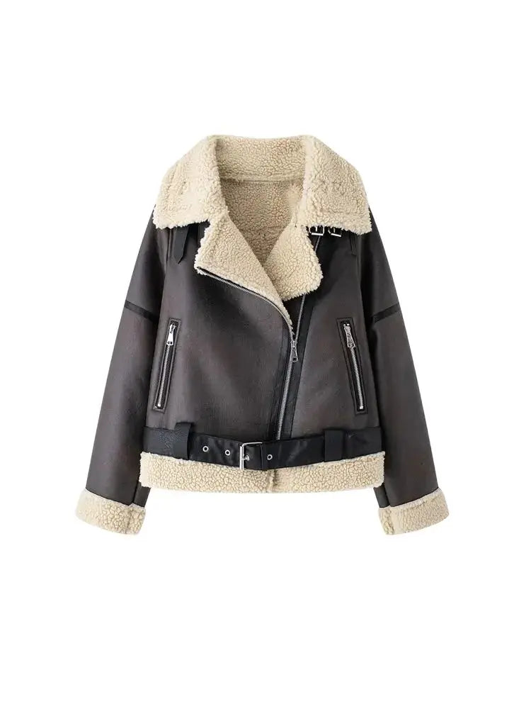 Women's Thick Warm Suede Jacket with Belt, Long Sleeve Coats, Faux Shearing, Female Outerwear, Chic Tops, Winter Fashion