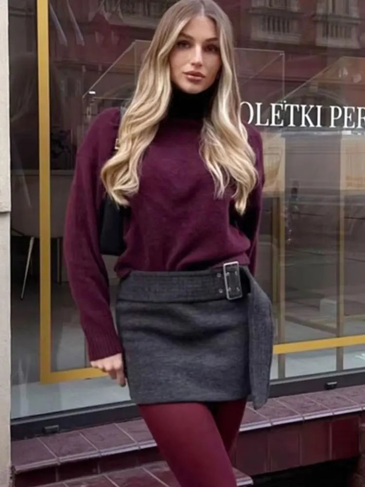 HH Women Vintage Burgundy Turtleneck Sweater Casual Long Sleeve Knitted Pullover Autumn Winter Women Solid Warm Knitwear