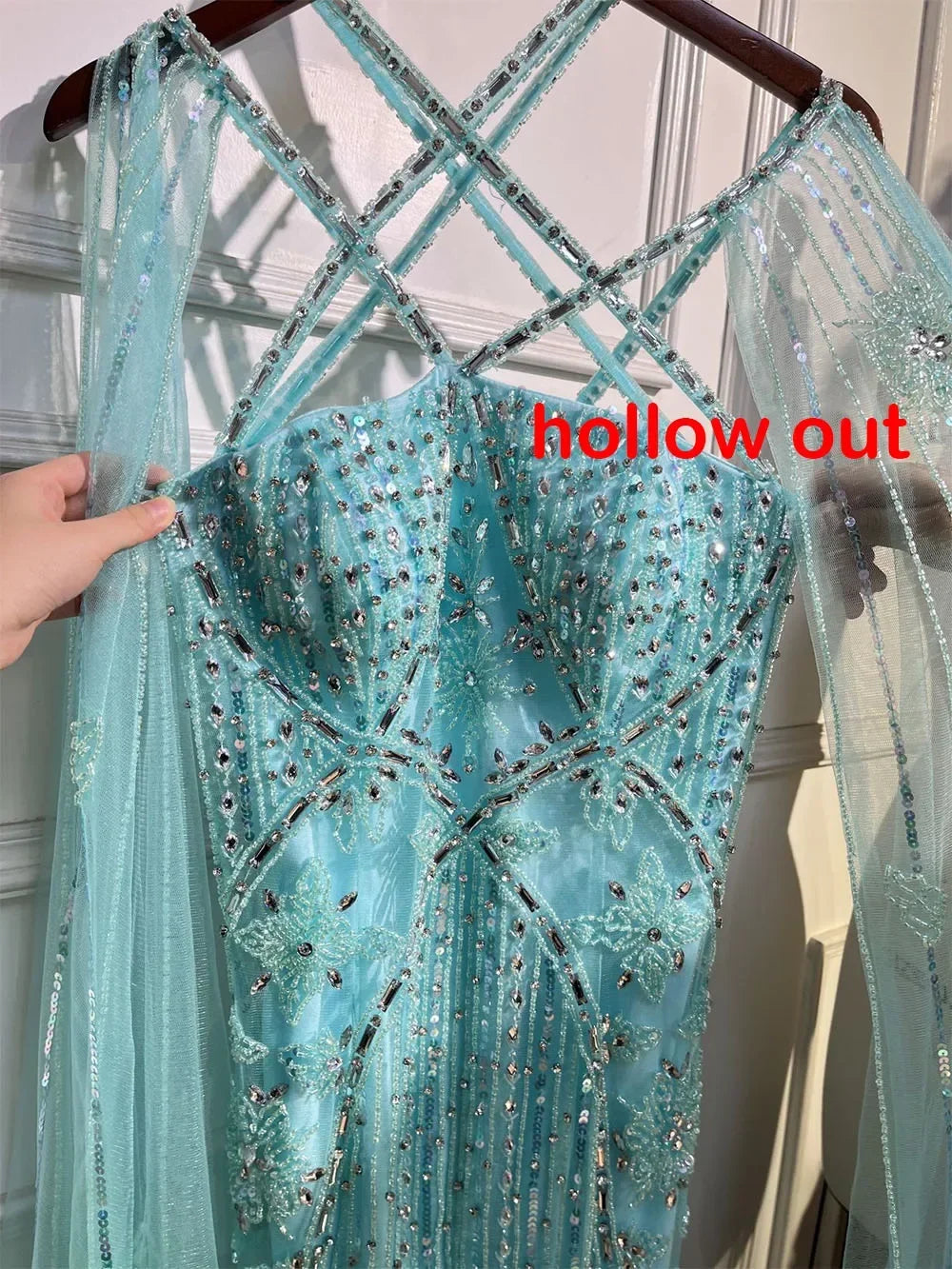 Arabic Luxury Dubai Mermaid Blue Cape Sleeves Beaded Evening Dresses Gowns 2025 For Party LA71905a Customized