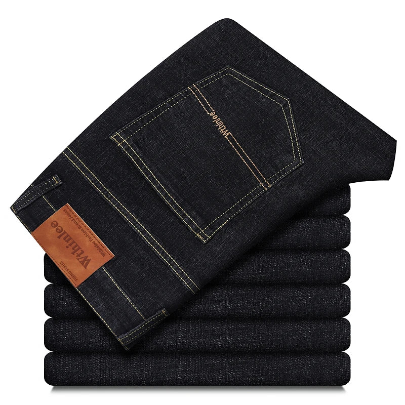 Wthinlee New Business Men's Jeans fleece Casual Straight Stretch Fashion Classic Blue Black Work Denim Trousers Male  Clothing