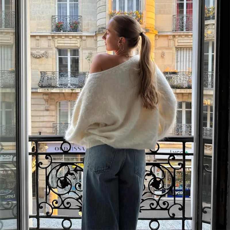 Fashion Women Off Shoulder Faux Wool Knitted Sweater Sexy Classic Full Sleeve Loose Fluffy Short Pullover Lady Daily Street Tops