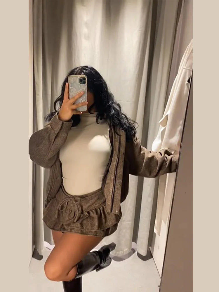 Women's Brown Skirt Jacket Set Stand Collar Bomber Jacket Coat Matching Ruffled Skirts Vintage Casual Outfit Autumn Streetwear