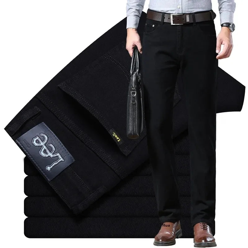 Lee Dex Authentic Jeans Men's Loose Fit Black Straight Leg Pants Casual Business Wear Trousers For Fall/winter Thick Elastic