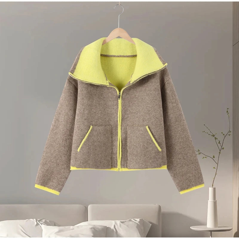 Color Blocking Knit Jacket Lady Long Sleeve Loose Zipper Pocket Casual Coat Chic Fashion Street Women's New Early Autumn Jackets