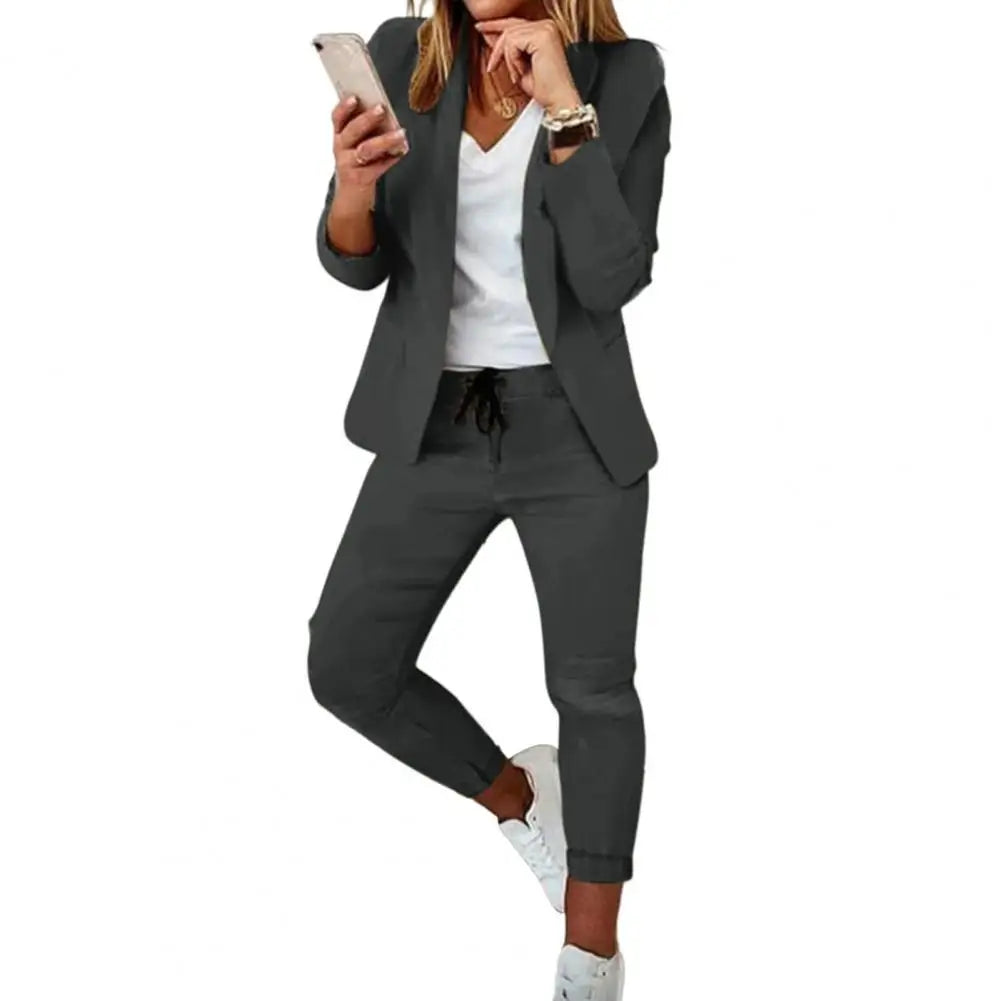 Women Coat Pants Set Elegant Women's Business Suit Set with Long Sleeves Slim Fit Pants Solid Color Drawstring for Ladies