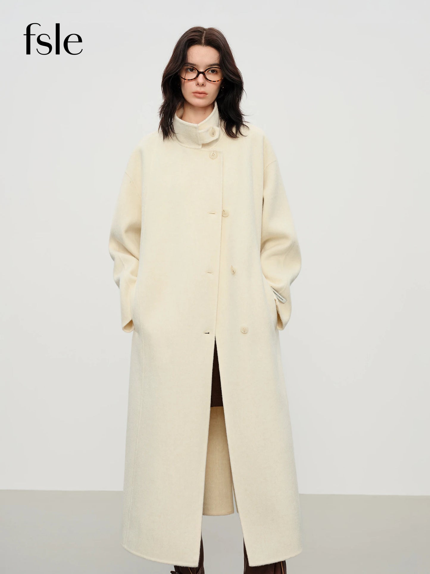 FSLE 2025 New Women's Elegant Stand Collar 100% Wool Double-Faced Long Coat Diamond-Shaped Tailoring Autumn Winter Outerwear