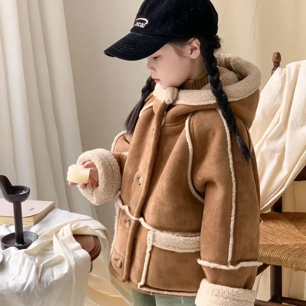 2025 Girls Sherpa-Lined Jacket Winter Fleece-Lined Korean Fashion Casual Hooded Coat with Faux Fur Trim Kids Outerwear