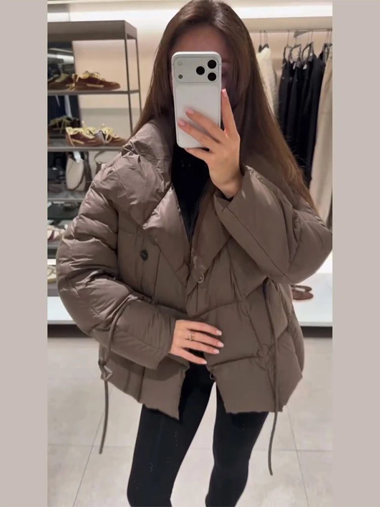 Buttoned Tie-Waist Stand Collar Puffer Jacket Solid  Long Sleeve 2025 Winter Cozy Warm Women Outerwear Chic Casual Lady Coat