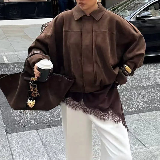 Women's Suede Jacket Outerwear Pilots Style Zipper Closure Medium Thickness Loose Fit Street Style Pure Color Casual Coat