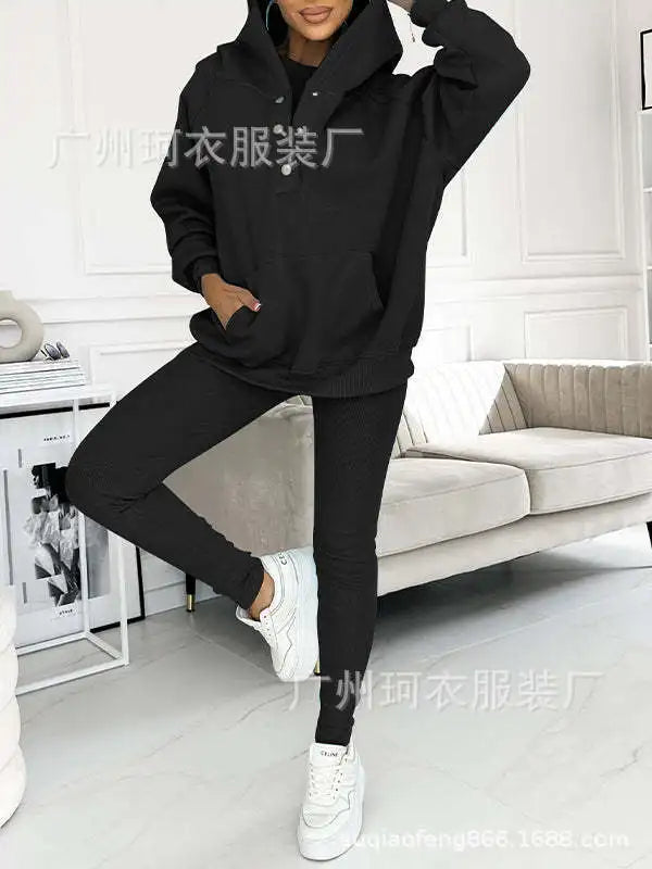 2024 Amazon Cross-border Women's Sporty Hooded Sweatshirt Thickened Screw Threads Slimming Smooths Silhouette Vest Pants Set