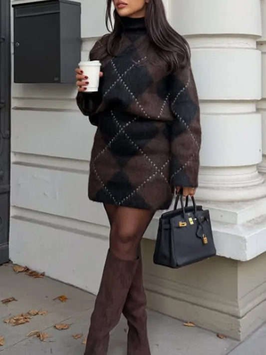 NLZGMSJ Women Knitted Sets 2025 Autumn Winter Wrist Sleeve Slim Plaid Sweater Cardigan Jacket Crop Top Mini Skirt Suits