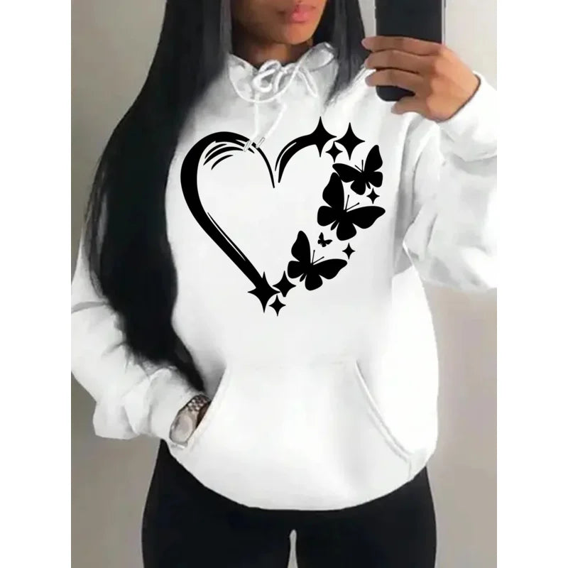 Women's Love and Butterfly Pattern Hoodie Hip Hop Street Fashion Pocket Clothes Retro Multi Color Hoodie
