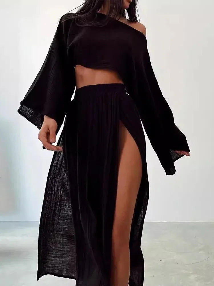 2 Pcs/Set Women Crop Top Skirt Sets Long Sleeve Top High Waist Split Skirts Suit Beach Bikini Coverup Lady Elegant Party Outfit