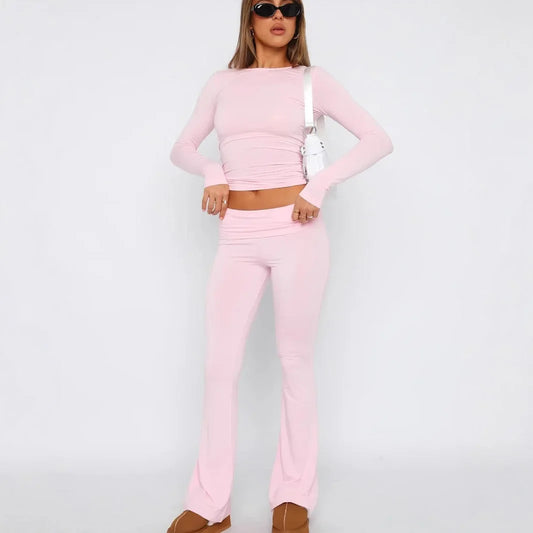 High-End Women's Long Sleeve Top And Flared Pants Set Fashionable And Stylish Polyester Fiber from Mainland China