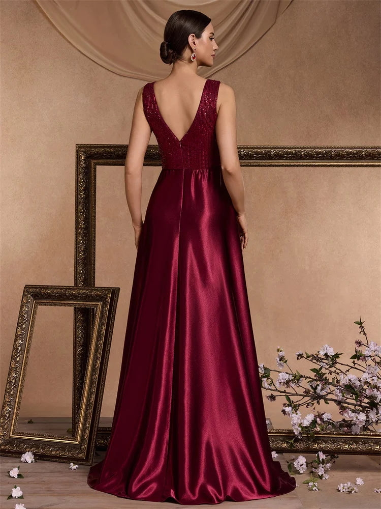Lucyinlove Elegant Sequins Evening Dresses Luxury Women Deep V-neck Satin Prom Party Floor Length Formal Cocktail Gowns