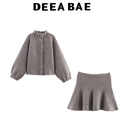 DEEABAE New autumn and winter fashion women's stand up collar loose and slimming versatile knitted jacket half skirt set