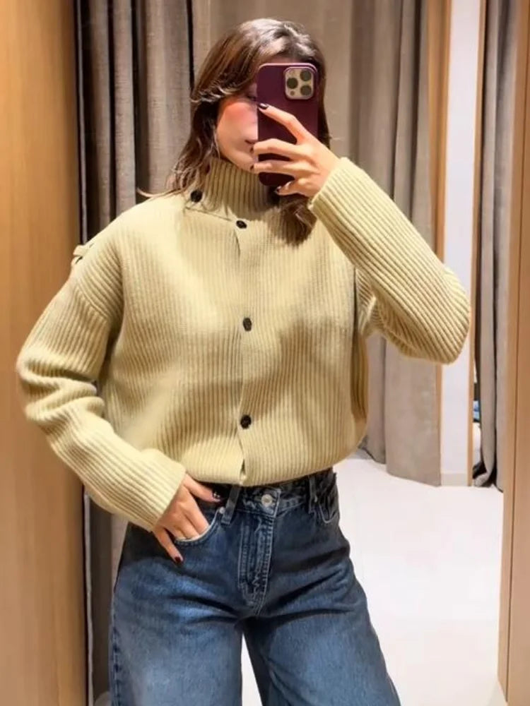 Elegant Stand Collar Knitted Sweater For Women Y2K Chic Long Sleeve Single Breasted Cardigan Lady Street Evening Party Knitwear