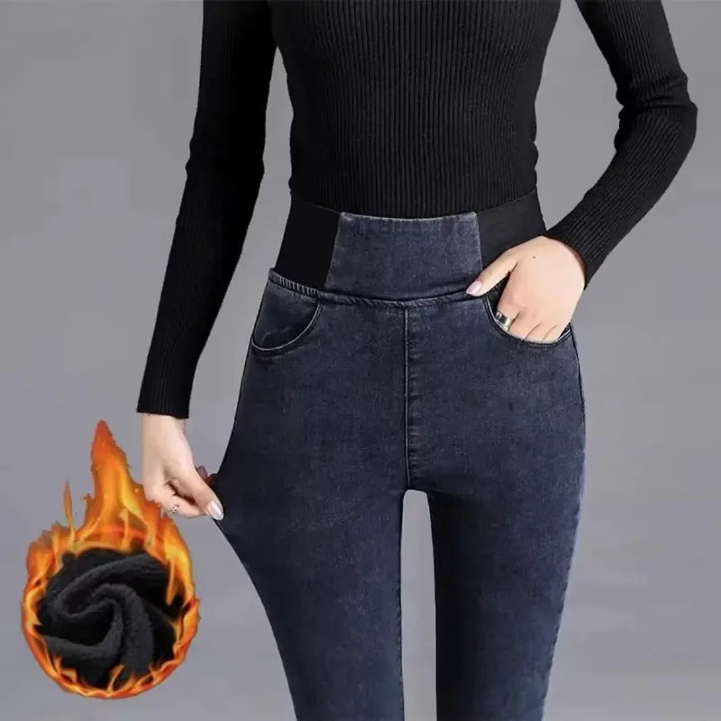 Autumn Winter New Women's Fleece Lined Slim Fit Jeans Elastic Waist Denim Pants High Waist Thermal Design Sensation Jeans