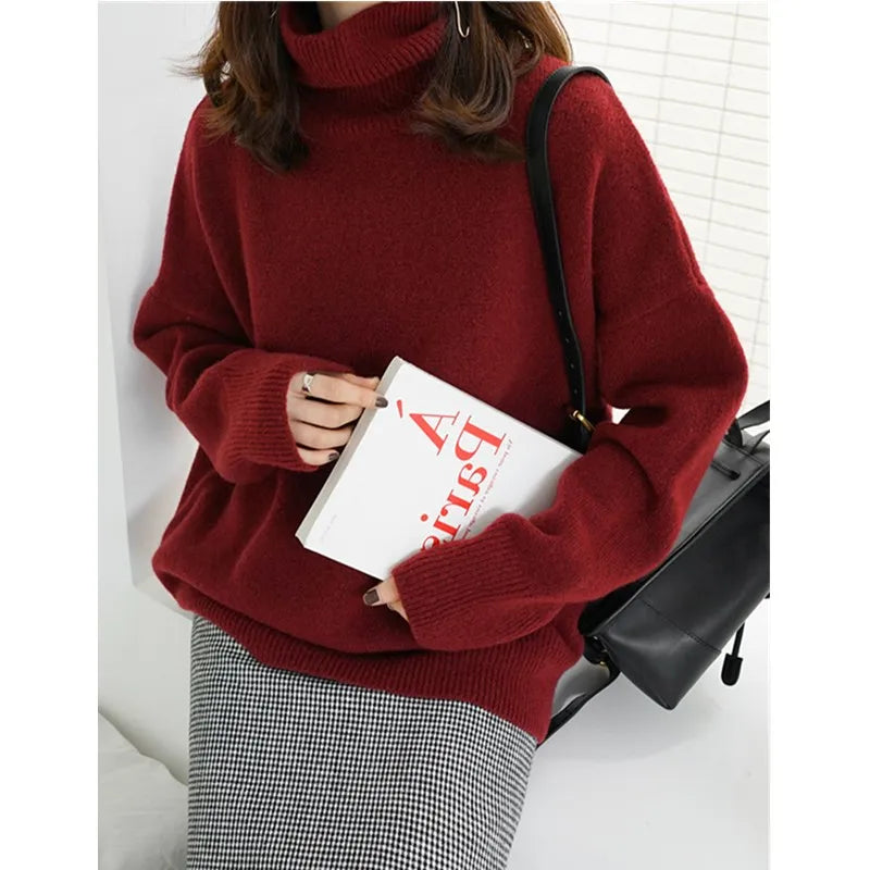 2023 New turtleneck cashmere sweater women thickened cashmere sweater loose hedging lazy knit base