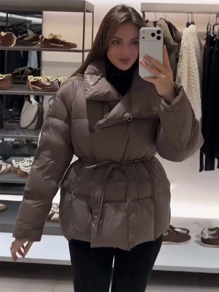 Buttoned Tie-Waist Stand Collar Puffer Jacket Solid  Long Sleeve 2025 Winter Cozy Warm Women Outerwear Chic Casual Lady Coat