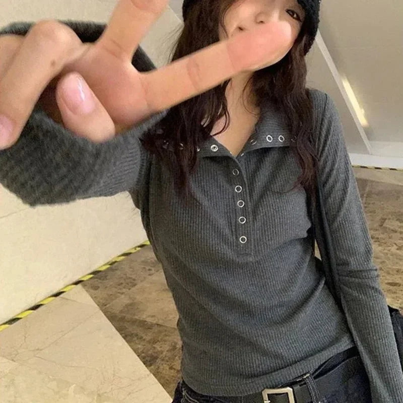 Y2K High Street Women Sweaters 2025 New Gray White Button Up Bottoming Pullover Woman Slim Fit Long Sleeve Knitted T-Shirt