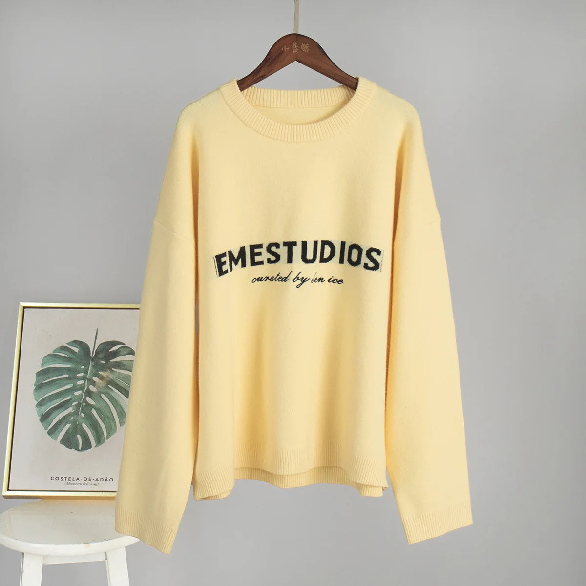 Butter Yellow Letters Knitted Sweater For Women Casual O-Neck Long Sleeve Pullover Tops 2025 Winter Daily Street Loose Sweaters