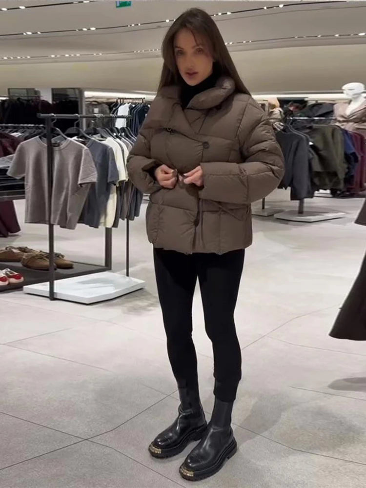Buttoned Tie-Waist Stand Collar Puffer Jacket Solid  Long Sleeve 2025 Winter Cozy Warm Women Outerwear Chic Casual Lady Coat