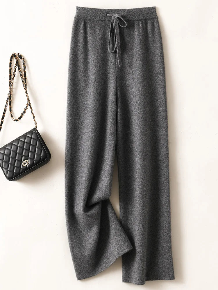 Autumn Winter Women's Pants Basic Soft Casual Sashes Trousers 100% Merino Wool Knitwear Korean Popular Pants