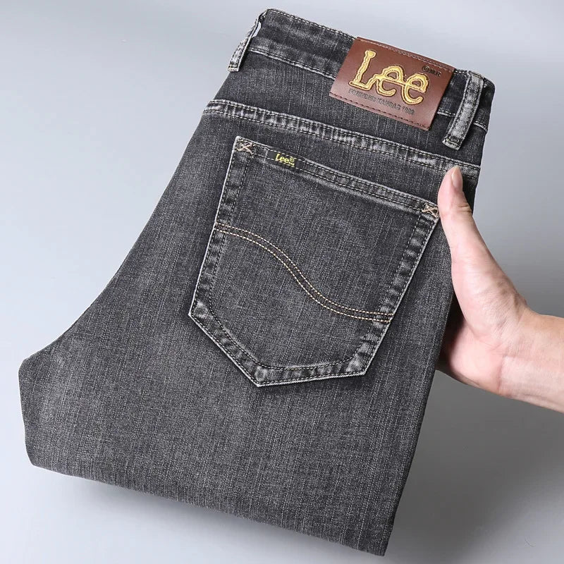 Lee Dex Authentic Jeans Men's Loose Fit Black Straight Leg Pants Casual Business Wear Trousers For Fall/winter Thick Elastic